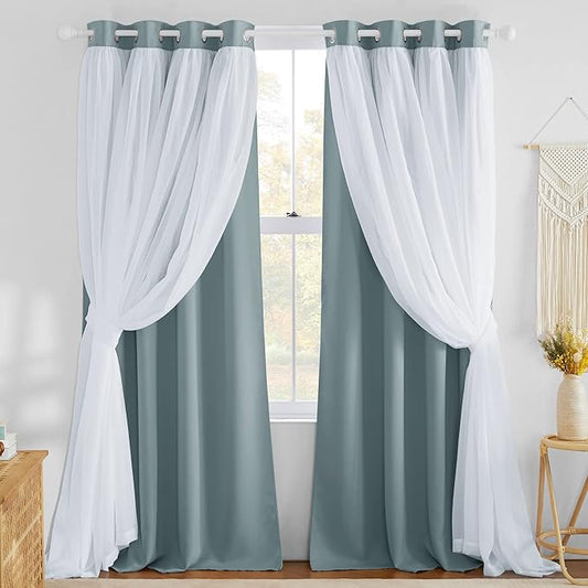NICETOWN Greyish Blue Curtains for Bedroom Double Layers Crushed Sheer Overlay Elegant Decoration for French Country Rustic Design Window Covering with Tiebacks, 52" Wide x 84" Long, 2 Panels