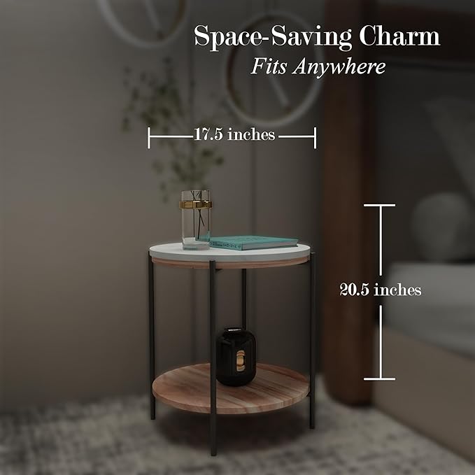Lyra Round Marble End Table – Solid Acacia Wood Shelf, Open Storage Side Table for Living Room, Bedroom, Entryway, Small Spaces – Nightstand, Plant Stand, Modern Accent Table with Metal Frame