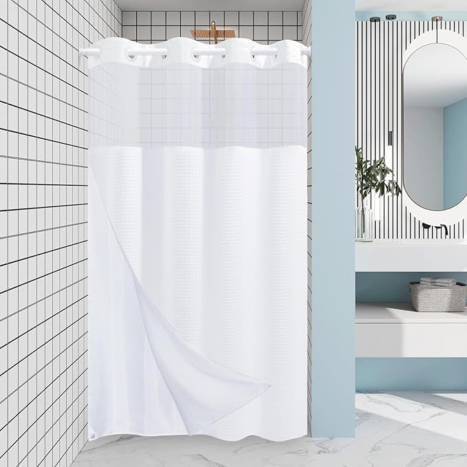 White Stall No Hook Shower Curtain with Snap in Liner,230GSM Waffle Weave Shower Curtains for Bathroom,54W x 80H