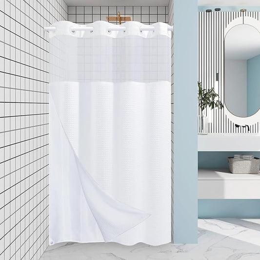 White Stall No Hook Shower Curtain with Snap in Liner,230GSM Waffle Weave Shower Curtains for Bathroom,54W x 80H