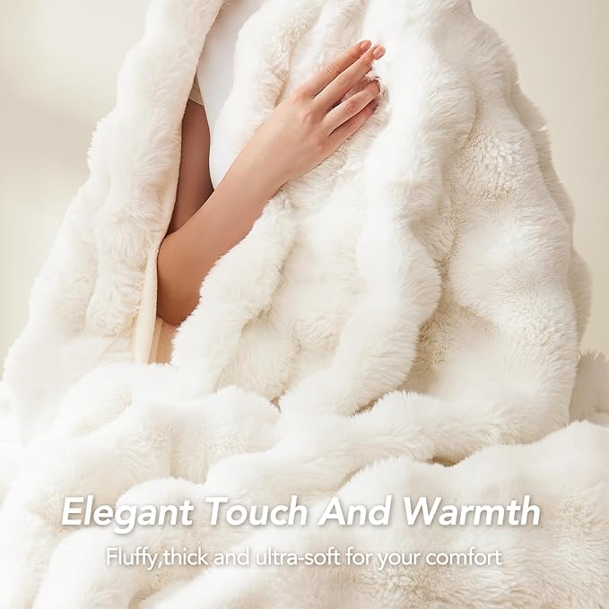 L'AGRATY Faux Fur Throw Blanket: 50" x 60" Luxury Soft Fluffy Thick Rabbit Fur Blankets for Couch Bed Sofa - Cozy Plush Bubble Blankets for Winter: Warm Flannel Fleece Decorative Blanket(Cream White)