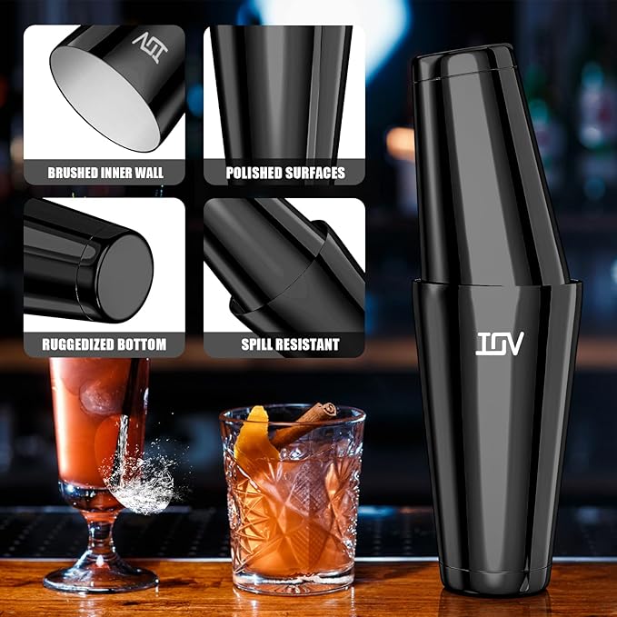 IOV Boston Cocktail Shaker Set, 18oz & 28oz Stainless Steel Weighted Shaker Tins, Metal Martini Drink Mixer for Bartending, Professional Bar Tools with Cocktail Recipe Guide, Black