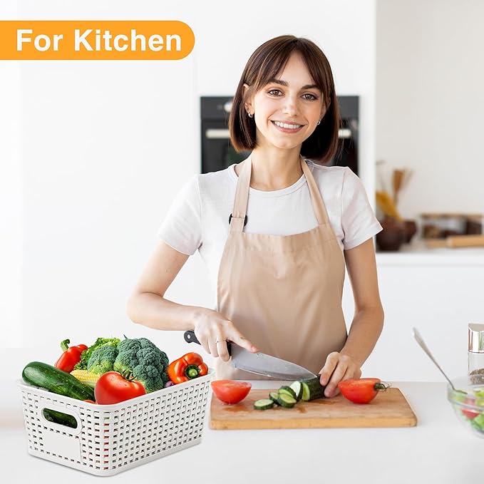 White Plastic Storage Baskets - Pack of 8 with Labels Stackable Durable Storage Bins, Storage Containers for Organizing Desktops, Closets, Playrooms, Classrooms, Offices