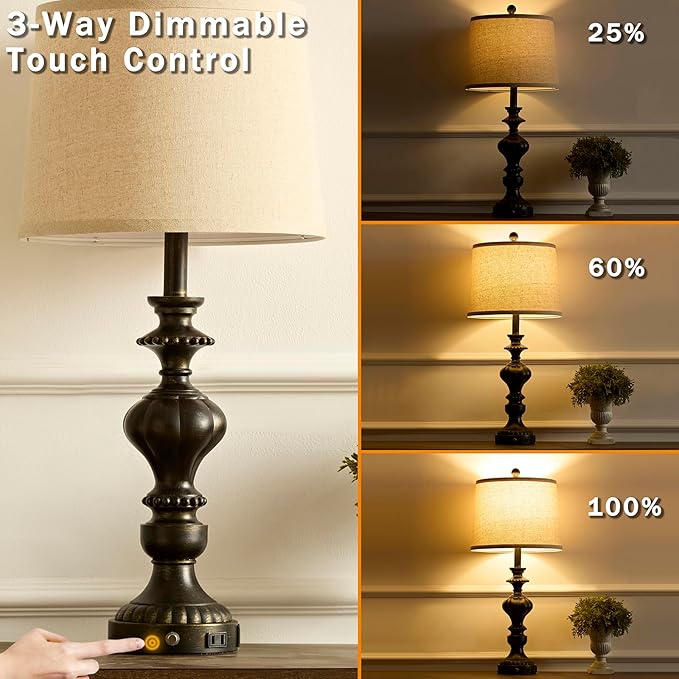 27.5" Farmhouse Table Lamps Set of 2 Bedside Lamp with USB C+A Ports & AC Outlet, 3 Way Dimmable Touch Lamps for Living Room Bedroom Office Hallway Rustic Nightstand Traditional Lamp