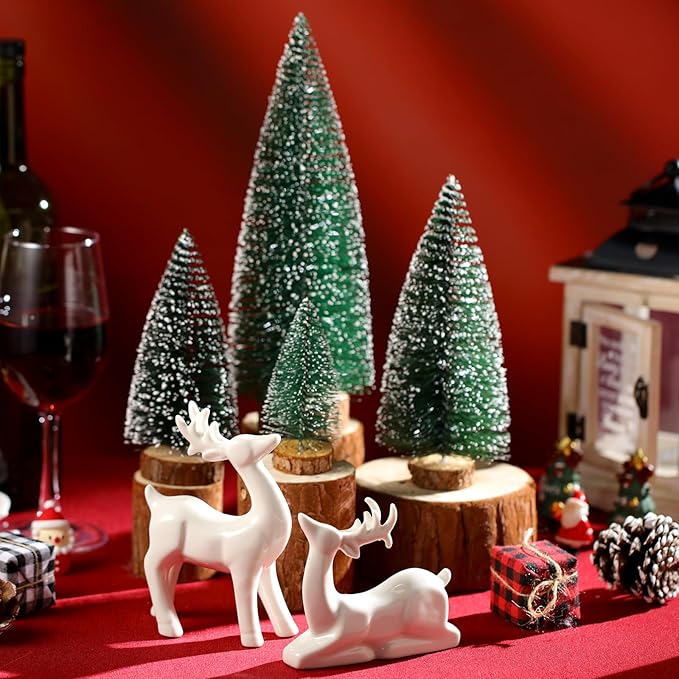 Wesiti 2 Pcs Ceramic Christmas Reindeer Figurines 4 Pcs Mini Christmas Pine Tree Reindeer Decor Deer Statue Sculpture Tabletop Ornaments for Home Mantel Shelves Decor(White)