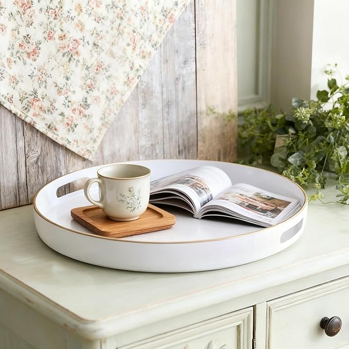 Zosenley Decorative Tray, Round Plastic Tray with Handles, Modern Vanity Tray and Serving Tray for Ottoman, Coffee Table, Kitchen and Bathroom, Size 13” (White)