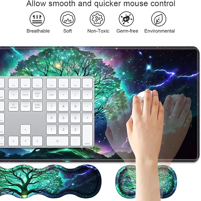 4 in 1 Ergonomic Keyboard Wrist Rest & Mouse Pad Wrist Rest Set, Large XXL Gaming Desk Mat 31.5"x 11.8" with Non-Slip Base, Memory Foam for Home Office Study Gaming, Tree of Life