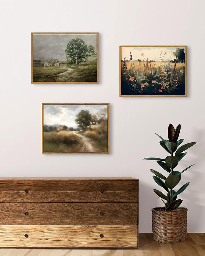 KISSFOX Vintage Farmhouse Landscape Canvas Wall Art Fall Rustic Countryside Framed Wall Art Autumn Cottagecore French Country Scenic Art Prints Artwork For Living Room Bedroom Kitchen