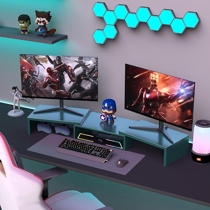 Dual Monitor Stand for Desk, Metal Computer Stand, Desk Shelf Riser,Desktop Organizer for Home and Office Use (Green)