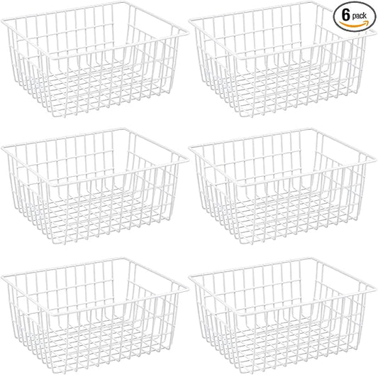 Redrubbit Wire Storage Baskets, Large Farmhouse Metal Freezer Basket Storage Organizer Bins with Handles for Kitchen Cabinets, Pantry, Closets, Bedrooms, Bathrooms, Set of 6, White
