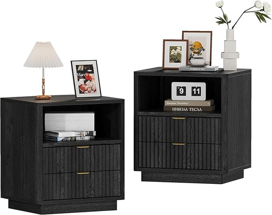 Fluted Nightstands Set of 2 - Black Nightstand with 2 Drawers & Open Shelves, 22" Wide Large Bedside Stand Modern Storage Wooden Side Tables for Bedroom (Elegant Black)