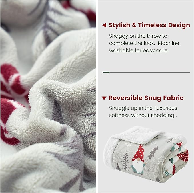 Cozy Bliss Gnome Throw Blanket Christmas Sherpa Blanket Warm Reversible Plush Throw Blanket,Ultra Soft Cozy Blanket for Couch,Sofa and Bed(Xmas Gnome,50"x60")
