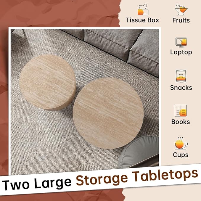 Round Nesting Coffee Table Set of 2 Modern Small Round Coffee Table Travertine Side Table Small End Table Circular Coffee Tables Circle Nested Coffee Tables for Living Room (Travertine)
