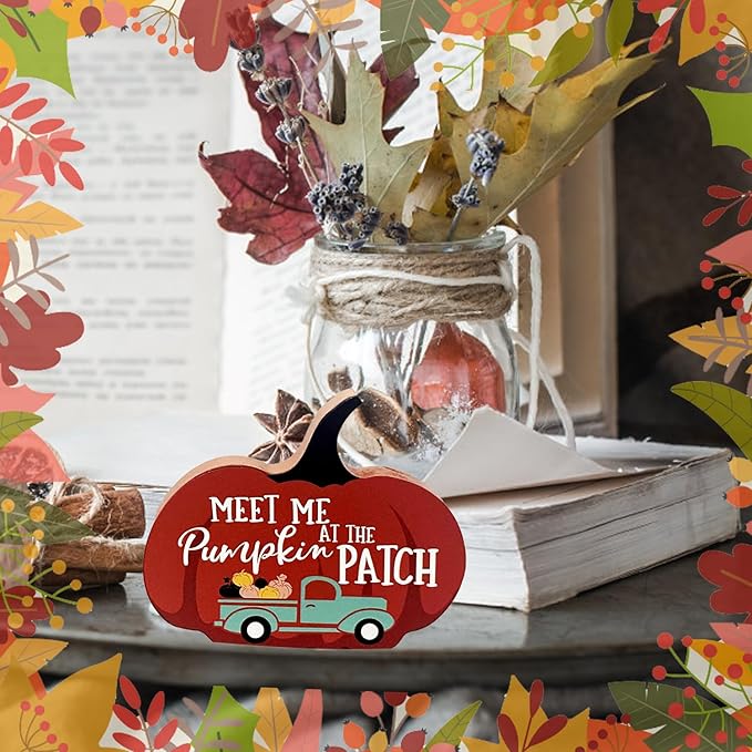 Cute Pumpkin Autumn Decorations Indoor, 4 Pcs Wooden Tiered Tray Decor Table Sign Thanksgiving Fall Decor Pumpkin Signs for Party Home Shelf Display