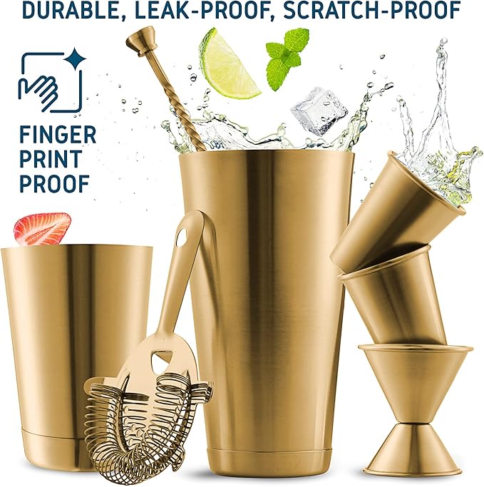 Bar Set Cocktail Shaker Set, Stainless Steel Mixology Bartender Kit, 16 Piece Cocktail Kit, Gold Cocktail Set, Bar Tools: 30oz Martini Shaker, Muddler, Bar Kit Cocktail Book, Jigger and Pourers