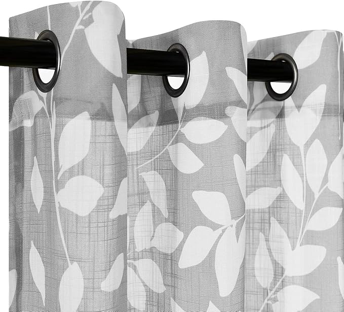 Treatmentex Grey Semi-Sheer Curtains for Bedroom 95" Long White Leaf Print Curtains for Living Room Grommet Top Window Panels, 1 Pair