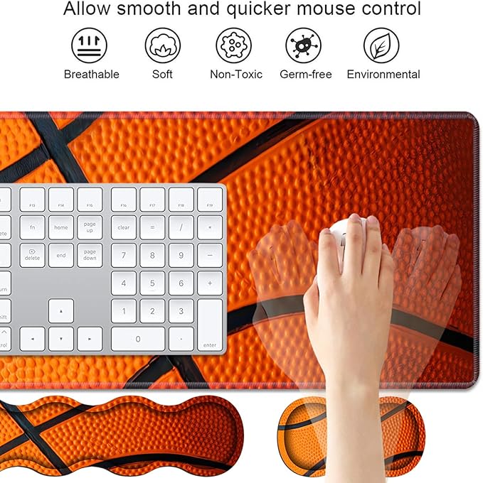 4 in 1 Ergonomic Keyboard Wrist Rest & Mouse Pad Wrist Rest Set, Large XXL Gaming Desk Mat 31.5"x 11.8" with Non-Slip Base, Memory Foam for Home Office Study Gaming, Basketball Surface