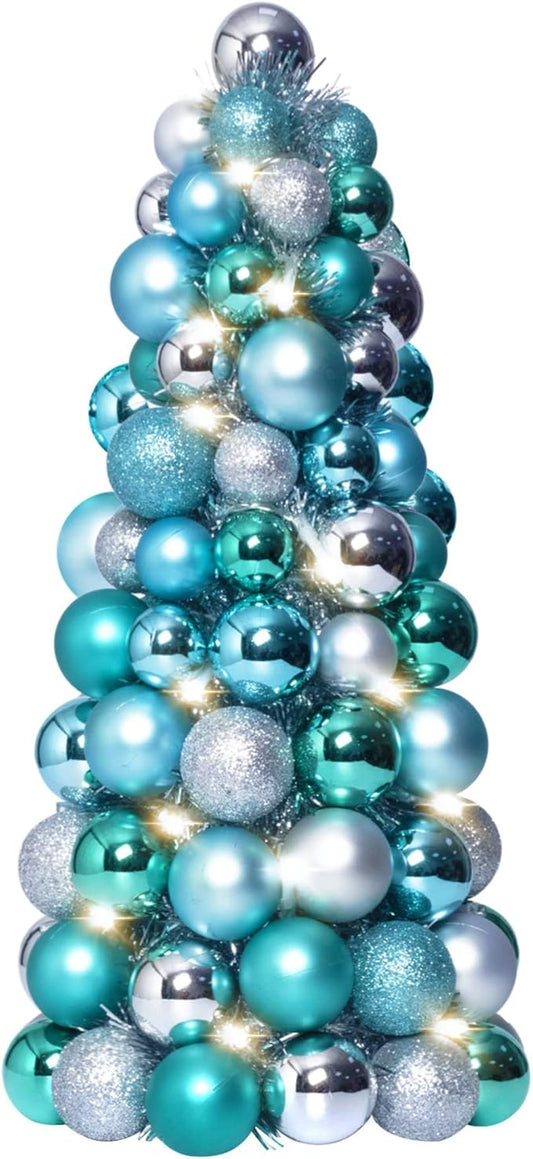 Amooca 16in Christmas Ball Tree with LED Lights Table Centerpiece Fireplace Decor Indoor Holiday Party Home Decoration Light Blue Silver