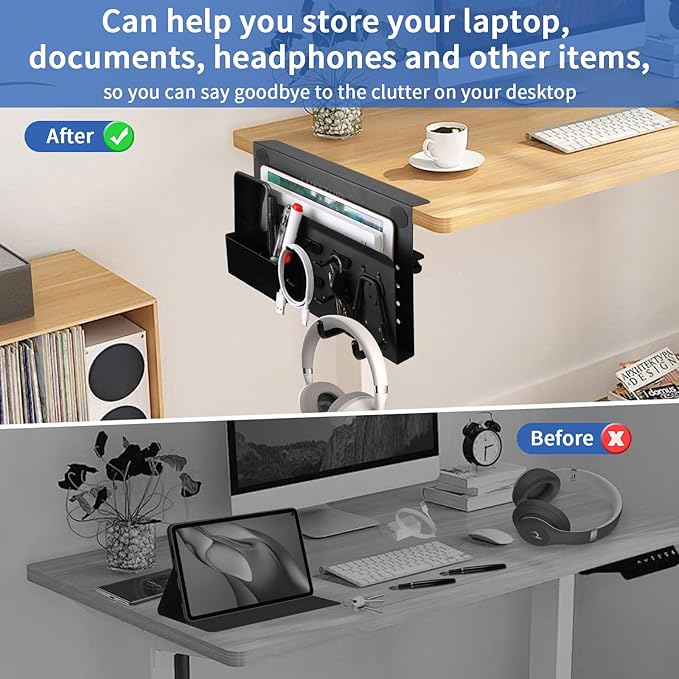 LUKETURE Desk Side Storage, No Drill Laptop Side Desk Mount, Steel Hanging Organizer, with Pegboard Accessories, Clamp on Laptop Holder for Office and Home, Fits Flat Edge Tables 0.3" to 2.8"