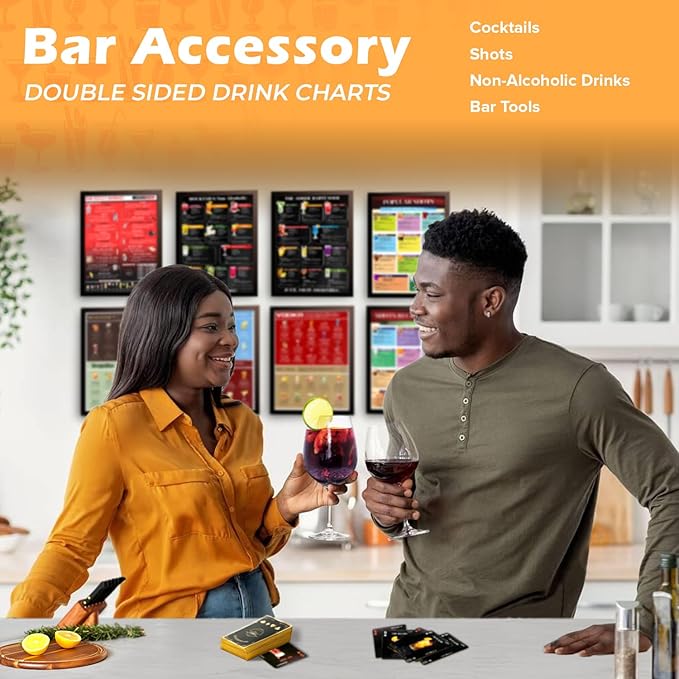 Recipe Mix Drink Kit - 120+ Alcoholic & Non-Alcoholic Cocktails, Bar Kit, Bartender Gift for Men & Women (1PK Black Cards + Charts)