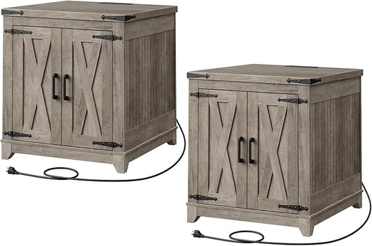 Farmhouse End Table Set of 2, Sofa Side Table with Charging Station and Adjustable Shelf, Wooden Nightstand for Living Room, Bedroom, Greige