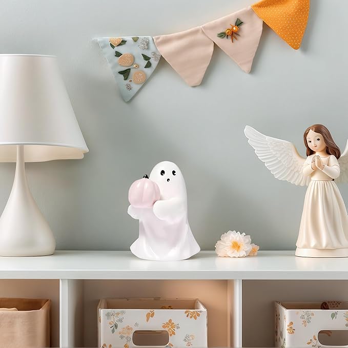 Halloween Cute Ghost Figurine with Pink Pumpkin– Resin Mini Statue, Romantic Shelf & Desk Decor, Halloween or Valentine’s Day Gift for Home, Office, and Friends