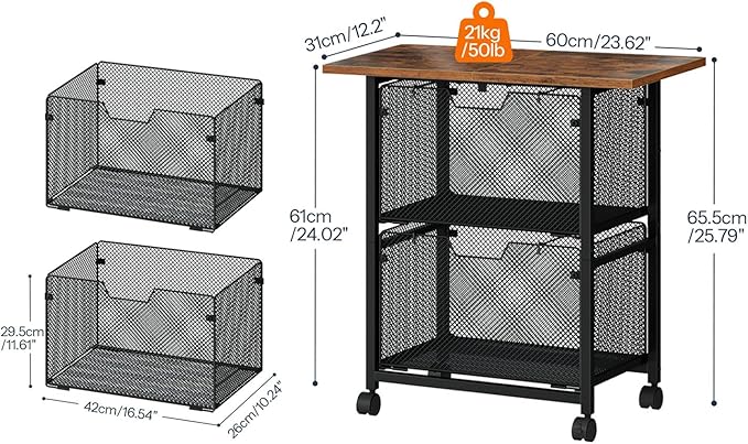 HOOBRO Rolling File Cart, 2 Drawer File Cabinet with 24'' Extended Desktop, Under Desk Mobile Small Filing Cabinet Storage Cart, Printer Stand Utility Cart, for Home Office, Rustic Brown BF41WJ01