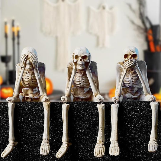 Halloween Decorations Indoor Skeleton Statues See Speak Hear No Evil Figurines for Mantel Table - Realistic Resin Skull Spooky Gothic Home Decor Set of 3
