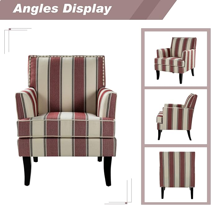 HULALA HOME Modern Accent Chairs Set of 2, Farmhouse High Back Striped Chairs with Wooden Legs & Nail Head Trim, Comfy Upholstered Armchairs for Living Room/Bedroom (Stripe Red)