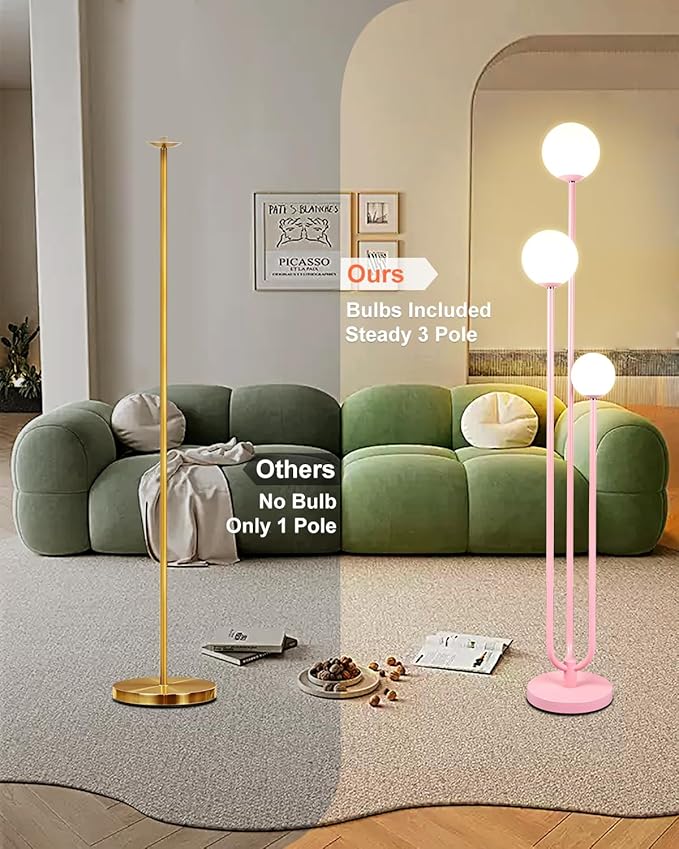 Lightdot 63IN Pink Floor Lamp Mid Century Modern Floor Lamp with 3 Globe Soft Warm White 3000K Bulbs, 3 Lights U-Style Standing Lamp for Wedding Party/Living Room/Bedroom