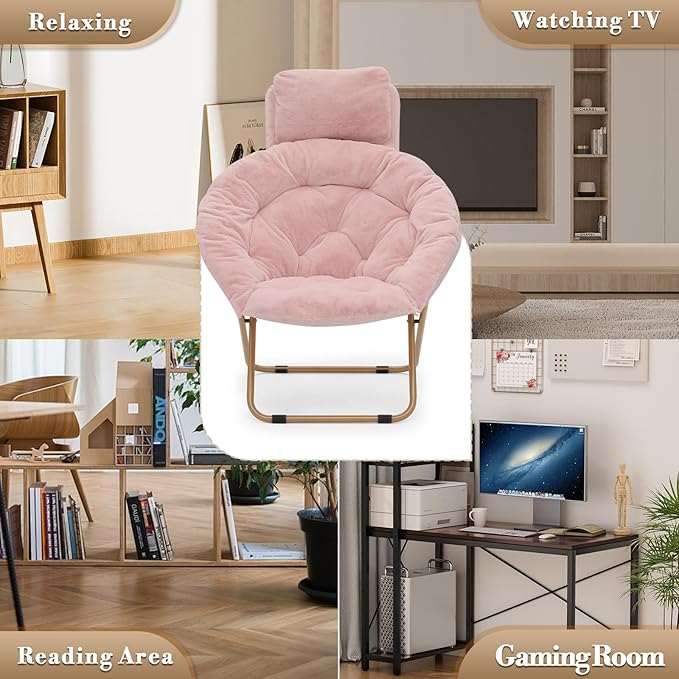 Athena Collection Comfy Saucer Chair with Headrest Oversize Round Cozy Chair Folding Chair Faux Fur Metal Frame Foldable Reading Chair Accent Chair for Bedroom Living Room Set of 2, Pink