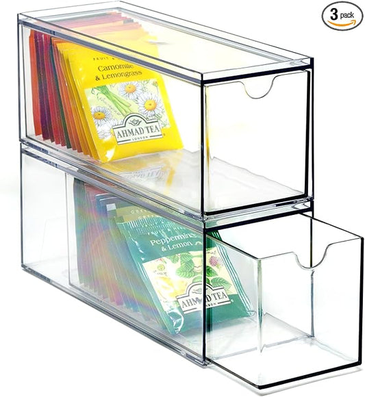 Youngever 3 Drawers Plastic Kitchen Pantry Stackable Storage Organizer, Plastic Tea Packet Organizers, Stackable Tea Bag Holder, 9" x 3" x 3.5"