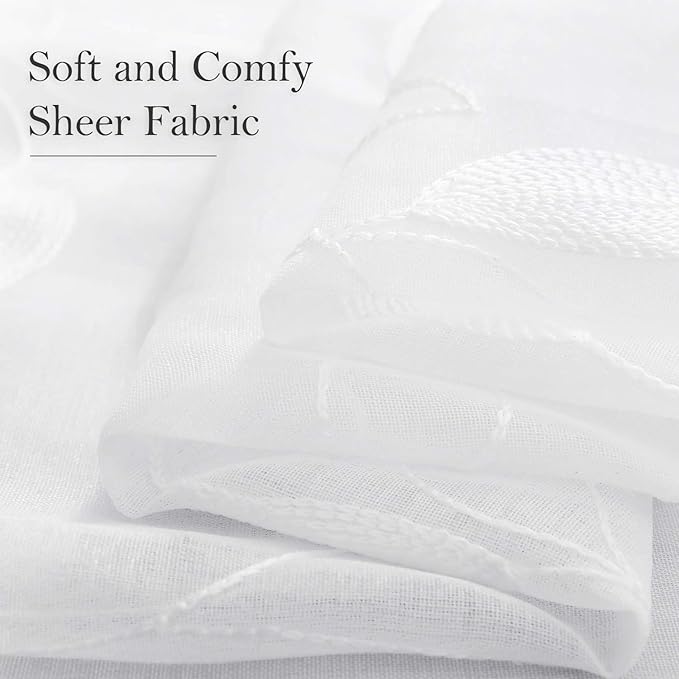 HOMEIDEAS White Sheer Kitchen Curtains 52 x 54 Inch Length 2 Panels Embroidered Leaf Pattern Short Curtains for Bedroom Half Small Window Rod Pocket Tiers