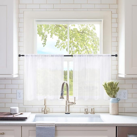 MIULEE 2 Panels Kitchen Tiers Half Window Sheer Curtains Rod Pocket Voile Drapes for Kitchen Bathroom Small Windows 54 by 24 Inch White