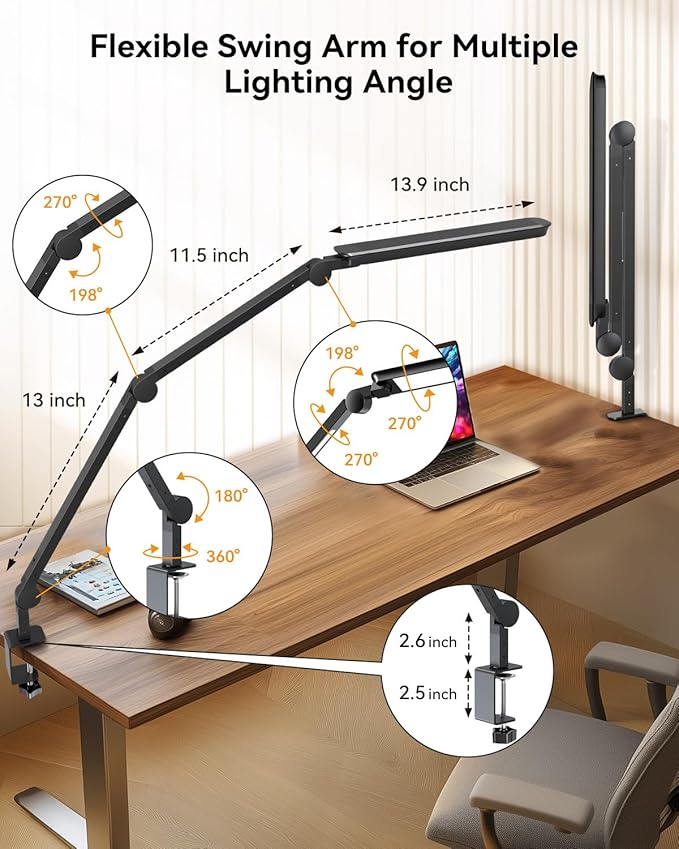 LED Desk Lamp with Clamp, Architect Desk Lamp with Remote, Flexible Swing Arm Desk Light with Dual LED Light, Stepless Dimming, 5 Color Mode & 4 Brightness for Sewing Painting Drafting Crafting