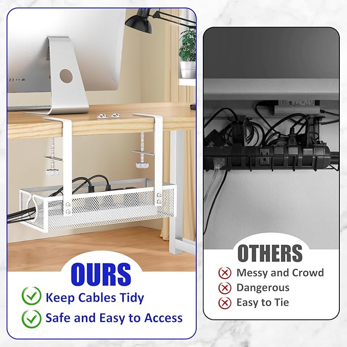 Under Desk Cable Management Tray, Metal Long Arms(3.9in), No Drill Mesh Wire Management Tray Cable Box for Office, Desk Wire Organizer with Clamp Mount, 1 Pack, White