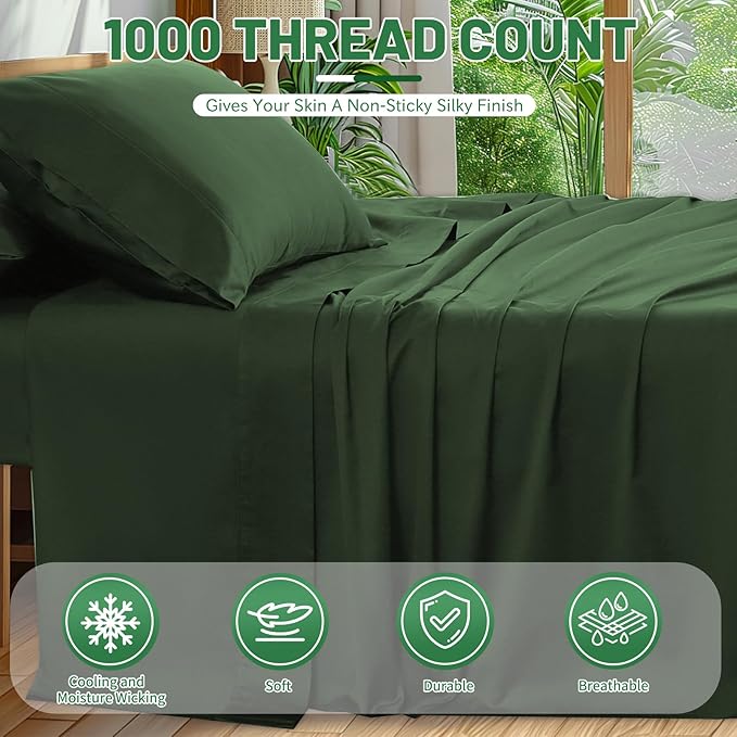 100% Egyptian Cotton Sheets King Size 4PCS 1000 Thread Count Sateen Weave Soft Breathable 16-Inch Deep Pocket （King,Forest Green）