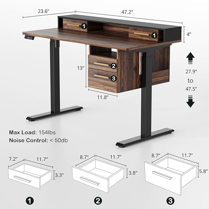 Electric Standing Desk with 4 Drawers, 47.2 x 23.6 Inch Height Adjustable Whole Piece Sit Stand Desk, Computer Home Office Workstation with Open Storage Shelf, Black Walnut