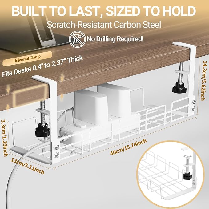Under Desk Cable Management Tray, 15.7'' Metal Wire Organizer with Clamp, No Drill Desk Cord Rack for Cable Management, Computer Wire Organizer for Office and Home, Sturdy & Scratch-Free