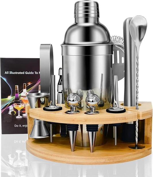 12 Piece 25oz Cocktail Shaker Set Bartender Kit with Stand, Professional Stainless Steel Bar Tool Set, Bar Set ，Home Mixology Tool Sets，Cocktail Recipes Booklet ，Silver