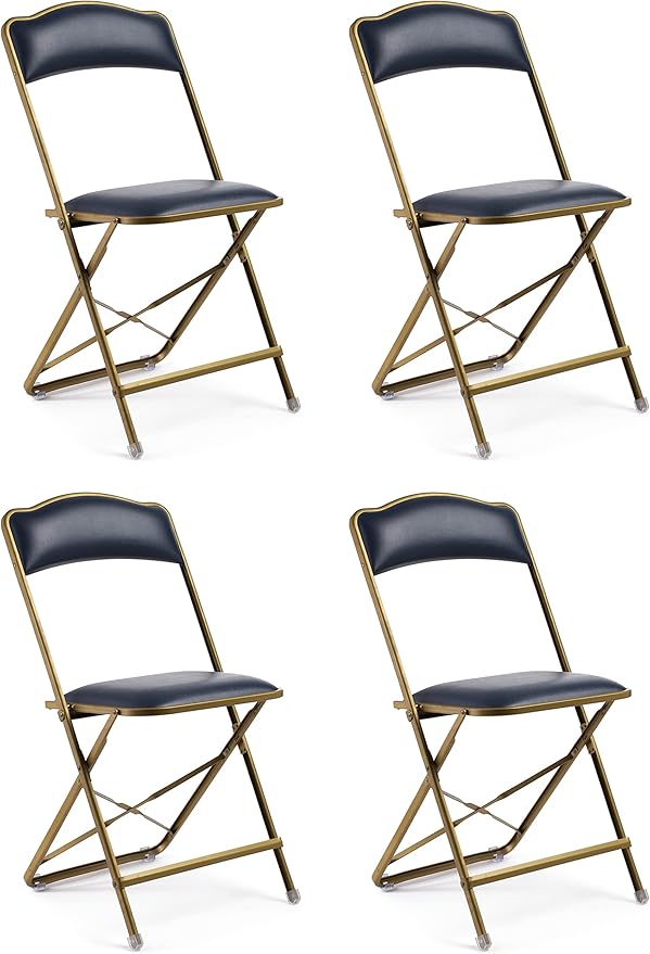 Folding Chairs with Padded Seats 4 Pack - Foldable Chair with Heavy-Duty Steel Frame, Elegant Party Bridge Chairs, Metal Folding Chair for Outside, Home, Office, Indoor & Outdoor Events - Gold/Navy