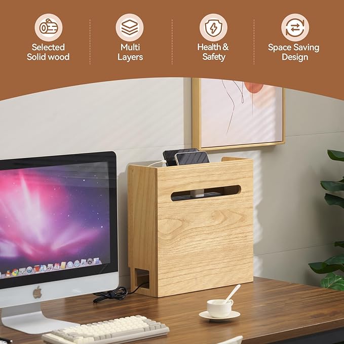 KIRIGEN Wireless Router Storage Box Multi Layer Router Organizer Shelf Wood Power Cable Management and Organizing Rack Box for Office and Home Natural (LYQ-NA)