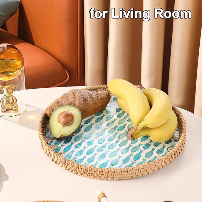 Round Rattan Tray with Mother of Pearl Inlay, Rattan Serving Tray for Coffee, Bread, Fruits, Decorative Wicker Tray for Table Decor, Home Decor, Kitchen Island Decor (Turquoise Fish, 11.8")