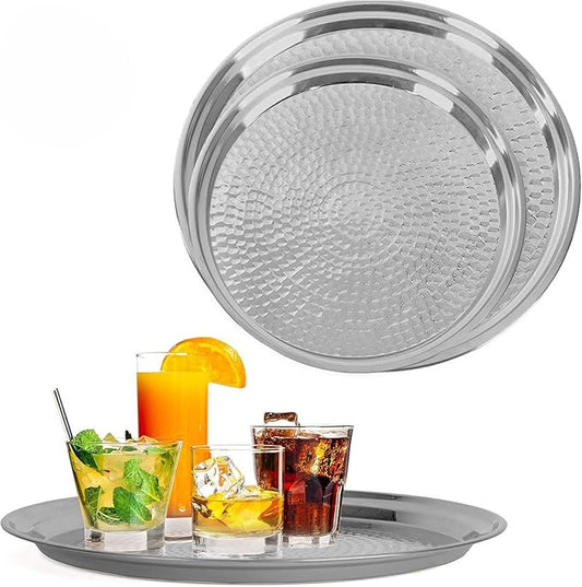 Hammered Stainless Steel Trays – Round Metal Silver Serving Trays - 2 Pc - Large Tray 15” Medium Tray 13” - Decorative Platters – by Bonito Home