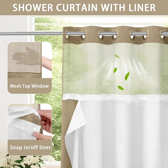 YellyHommy No Hook Shower Curtain with Snap in Liner Set Less Time Beige Waffle Shower Curtain for Bathroom 75" L x 72" W