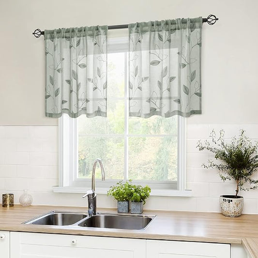 HOMEIDEAS Sage Green Sheer Kitchen Curtains 30 X 24 Inch Length 2 Panels Embroidered Leaf Pattern Short Curtains for Small Window Valance Tiers