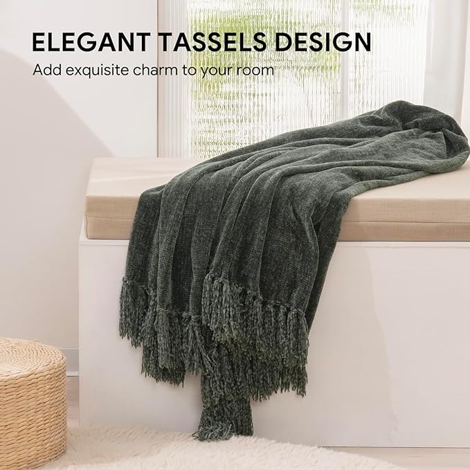 RECYCO Throw Blanket Soft Cozy Chenille Throw Blanket with Fringe Tassel for Couch Sofa Chair Bed Living Room Gift (Dark Green, 60" x 80")