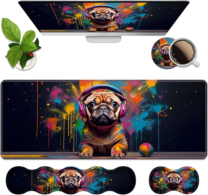 4 in 1 Ergonomic Memory Foam Mouse Pad Wrist Rest Set, Large XXL Gaming Desk Pad + Keyboard Wrist Rest + Mouse Wrist Cushion + Coaster for Home Office Study Gaming, Cute Pug with Headphones
