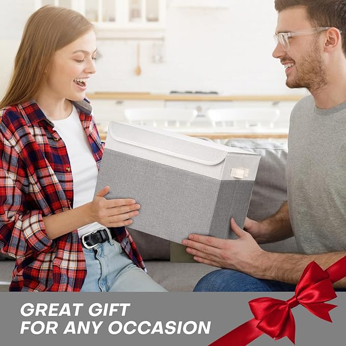 Large 17" 42 Quarts Collapsible Stackable Storage Bins with Lids [3-Pack] Foldable Fabric Linen Storage Boxes Cube, Closet Organizer Baskets with Label (16.7 x 12 x 12", Gray & White)