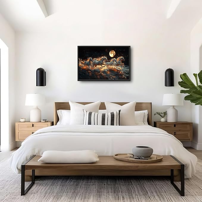 Horse Wall Art, White Horses Pictures Wall Decor, Running Animal in Moonlight Canvas Prints Painting, Large Framed Artwork for Living Room Office Bedroom Bathroom Corridor 36"x 24"